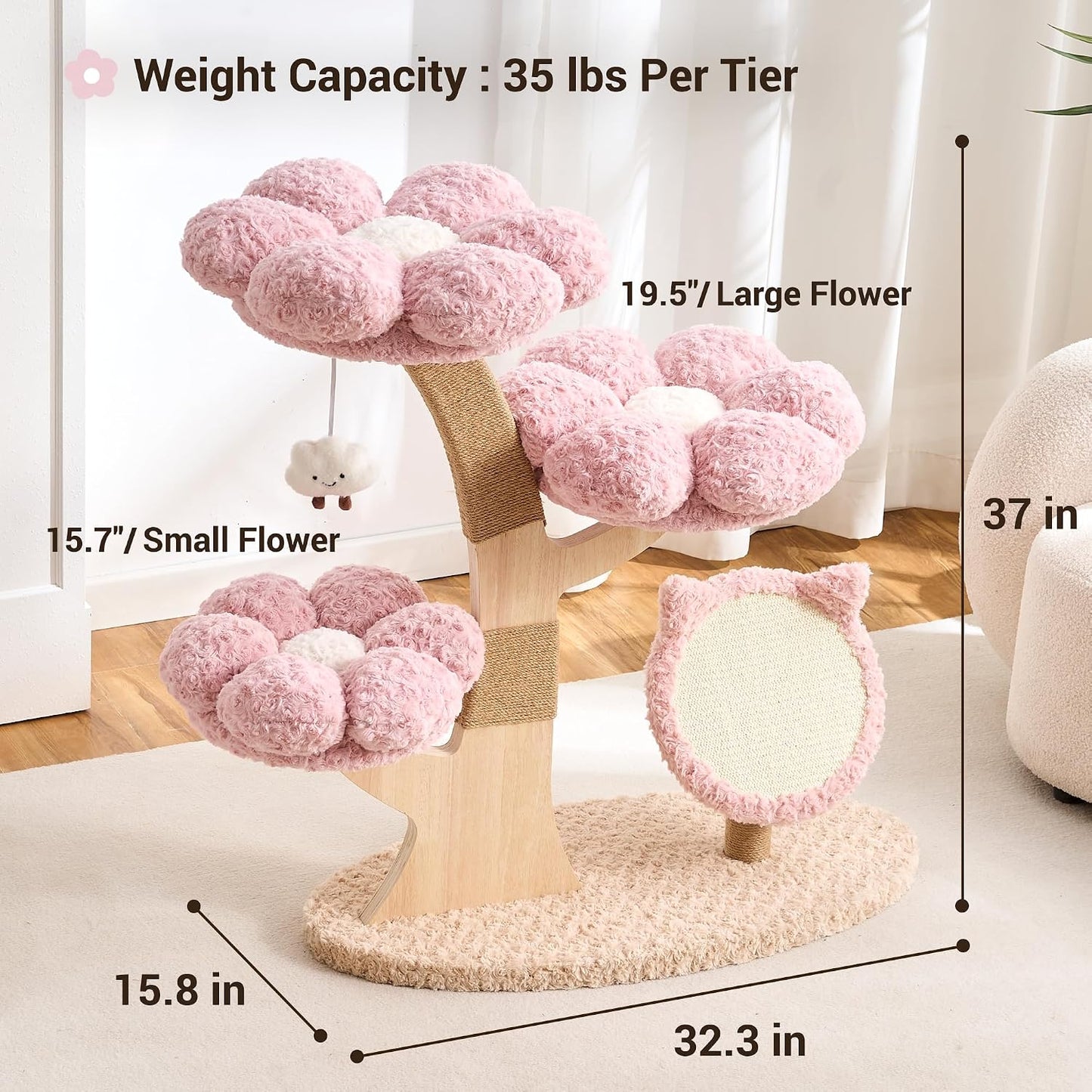Aesthetic Flower Cat Tree Tower with Scratching Post for Indoor Cats, 37" Modern Cat Tree with Wood Sculpted Branch, Flower Cat Beds, Scratching Board & Interactive Squeaky Toy, Sakura Pink