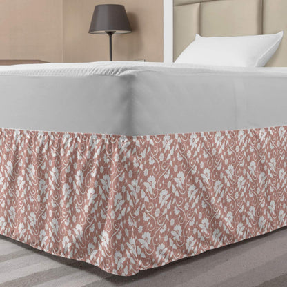 Lunarable Peach Pink Bedskirt, Lace Like Abstract Ornamental Continuous Illustration of Flower Bird and Twig, Bedroom Decor Wrap Around Elastic Bed Skirt Gathered Design, Twin/Twin XL, White Blush