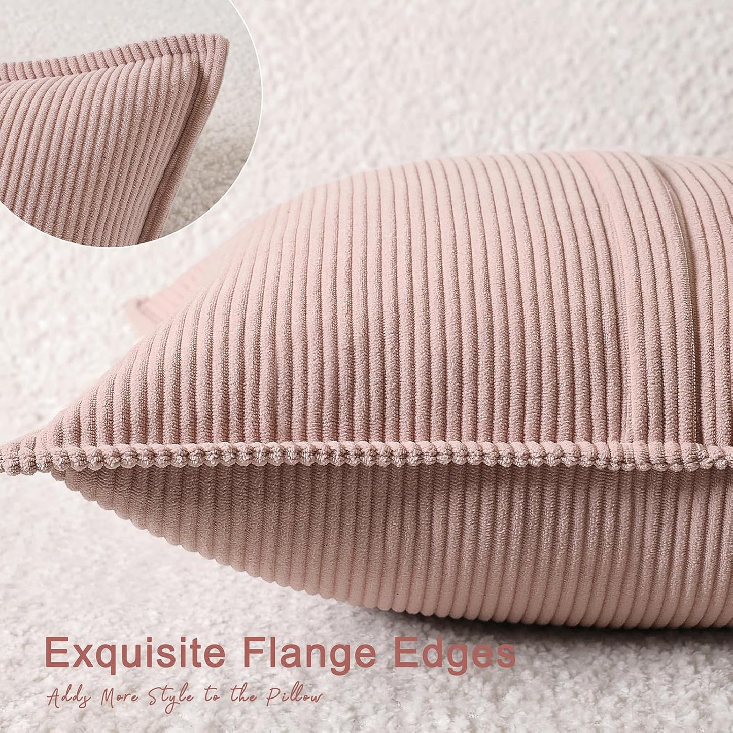 Corduroy Throw Pillow Covers 18x18 Set of 2 – Boho Decorative Pillow Covers for Couch, Sofa, Bed – Soft Square Cushion Covers for Living Room Decor (No Insert) Light Pink