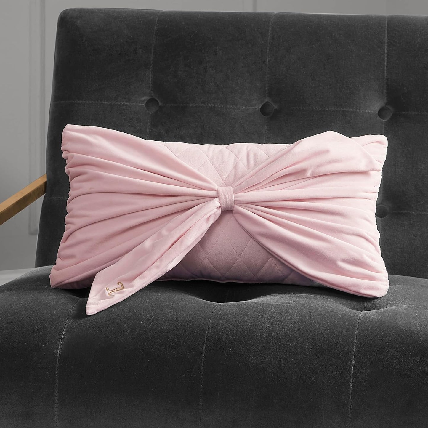 Juicy Couture Velvet Bow Designer Decorative Pillow - 10"x18", Light Pink