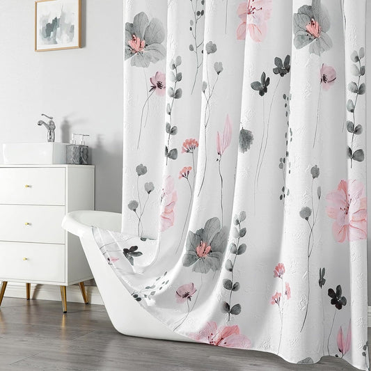 QiyI Watercolor Floral Shower Curtain, 3D Embossed Butterflies Grey Pink Flower Bathroom Curtain, Minimalist White Cloth Bath Curtain, Waterproof Fabric Textured Shower Curtain Set with Hooks, 72x72