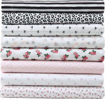 Betsey Johnson- Queen Bed Sheets, Cotton Percale Bedding Set, Crisp & Cool, Lightweight & Breathable (Baby Buds Pink, Queen)