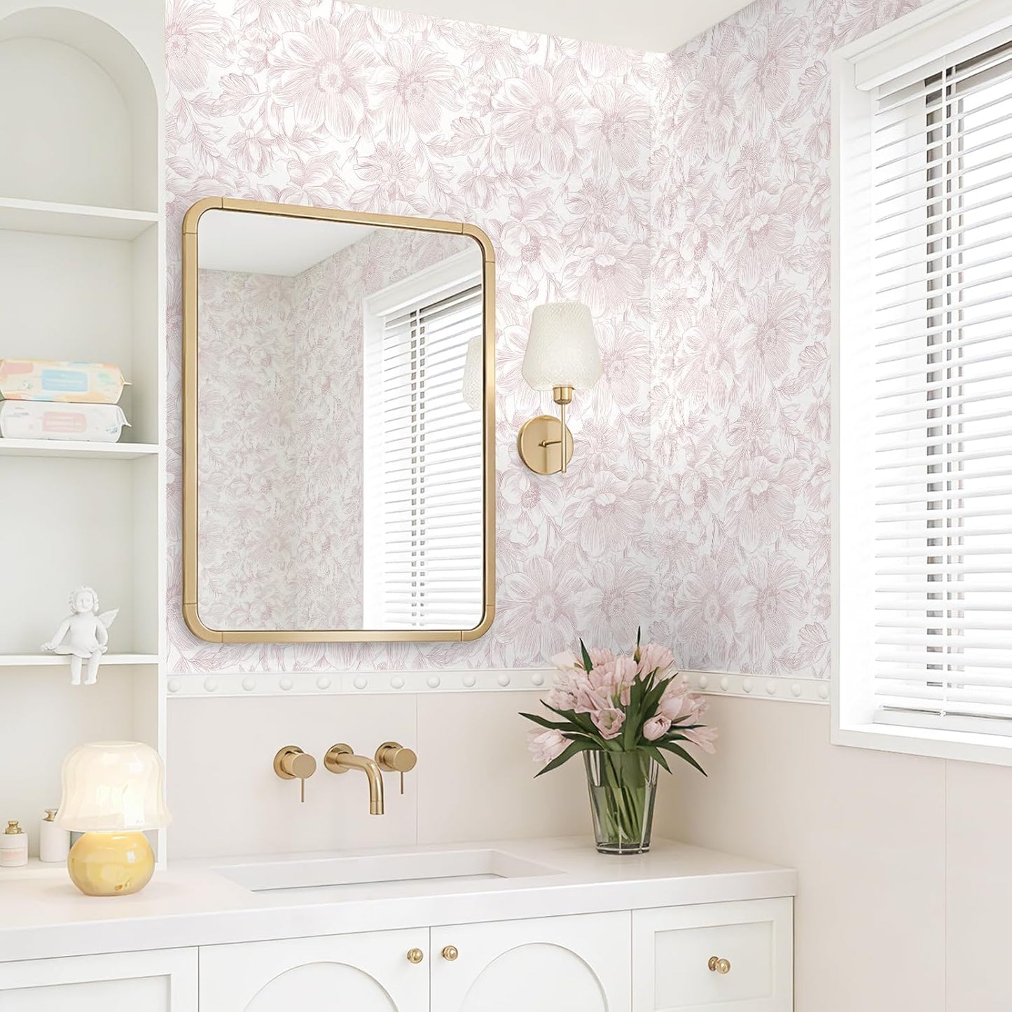 Floral Peel and Stick Wallpaper - Pink White Removable Self adhesive Wall Paper for Decor Walls Bathroom,Bedroom - Boho Flower Waterproof Modern Contact Paper for Cabinets and Drawers, 17.3"×78.7"