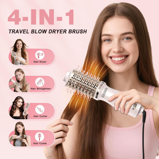 Dual Voltage Hair Dryer Brush for Travel,4 in 1 Blow Dryer Brush,2 Inch Mini Hot Air Brush for Short Hair,Volumizer,110-240V Dual Voltage with European Plug Adapter,OvalBrushBlowDryer for Women(Pink)