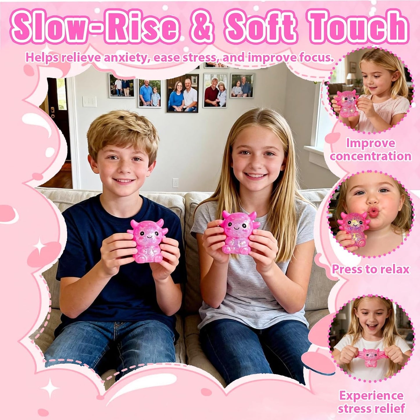Axolotl Squishy Toy, Cute Slow Rising Fidget Toy for Stress Relief, Soft Squeeze Sensory Toy for Kids and Adults, Handheld Stress Ball for Anxiety and Focus Sitting Posture Axolotl(Pink)