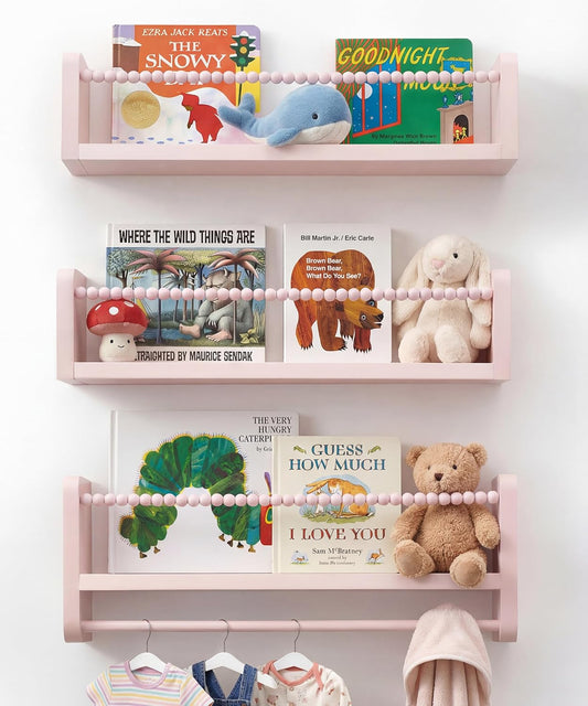 Nursery Book Shelves for Wall Set of 3, Pink Natural Wood Bookshelf Wall Decor, Small Floating Shelf Organizer for Kids Room, Bedroom, Kitchen Spice Rack