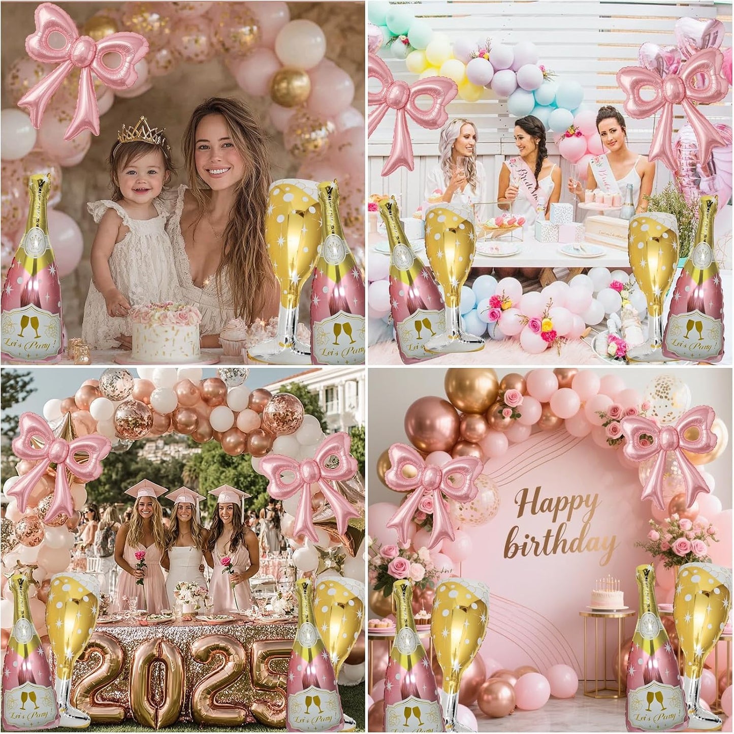 6 Pcs Pink Bow Balloons, Huge Rose Gold Champagne Bottle Goblet Aluminum Foil Balloons for Birthday, Bachelorette, Bridal Shower, Wedding, Anniversary, Engagement Party Decorations Supplies