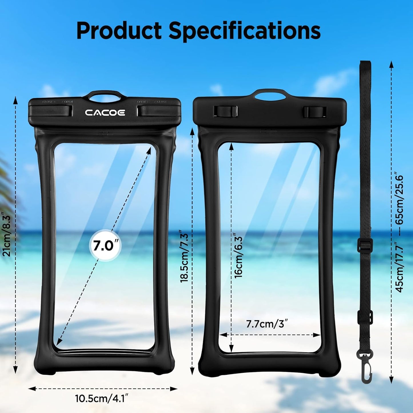 CACOE Floatable Waterproof Phone Pouch 2 Pack Up to 7.0",Black+Pink | Floatable, IPX8 Waterproof Phone Case,Adjustable Lanyard,Dry Bags for Beach/Cruise/Travel/Camping/Kayak/Vacation Essentials