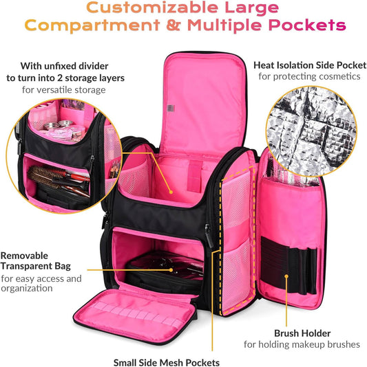 BYOOTIQUE Soft Sided Makeup Backpack Portable Travel Barber Cosmetic Storage Organizer Travel with Heat Isolation Side Pocket Removable Pouch for Makeup Artist Hairstylist, Pink
