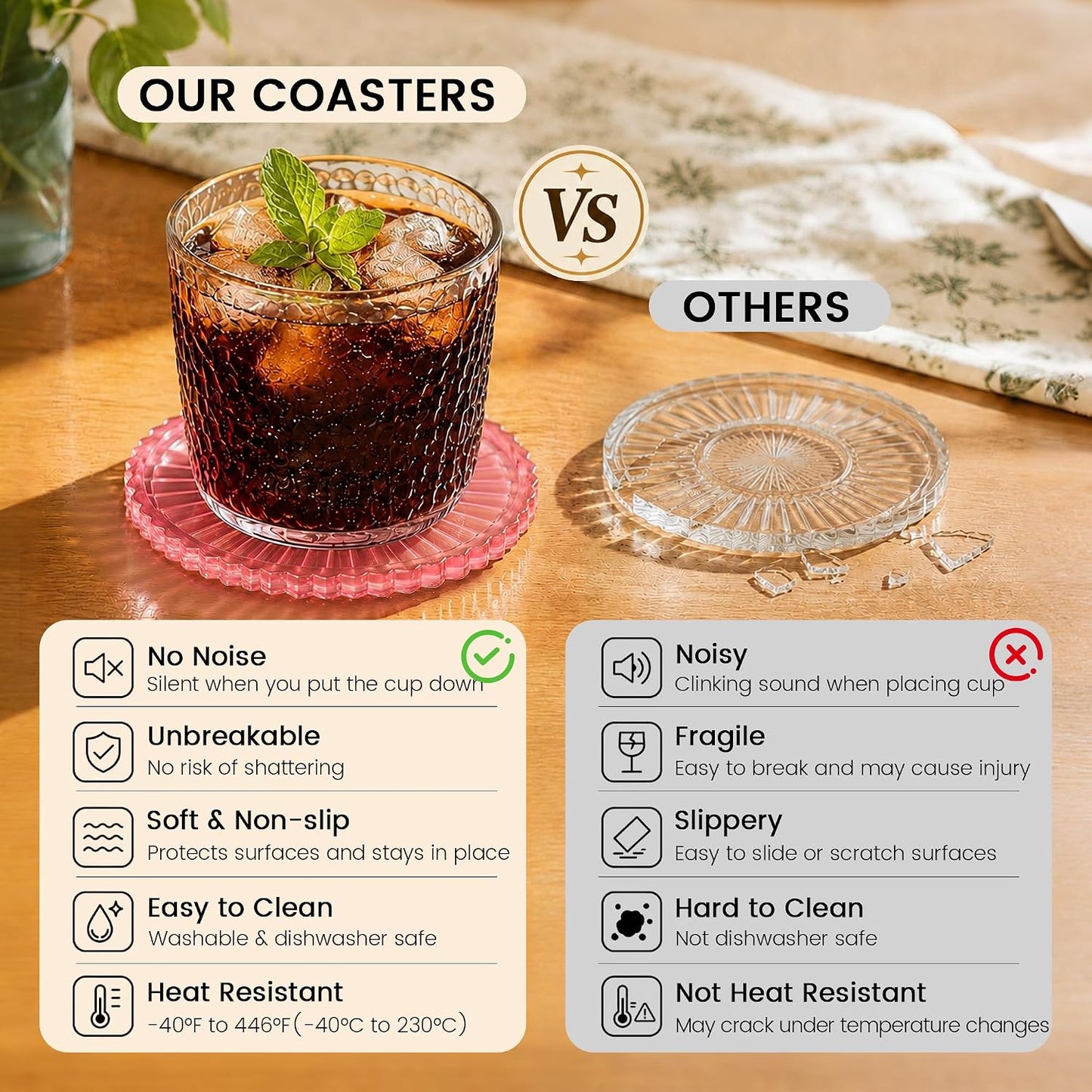 Silicone Coasters for Drinks[4 pcs,No Holder] Dual-Sided Light-Play Design, Non-Stick Cup Covers & Table Mats, Coffee Table Decor, Clear Pink