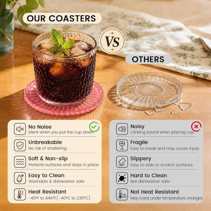 Silicone Coasters for Drinks[4 pcs,No Holder] Dual-Sided Light-Play Design, Non-Stick Cup Covers & Table Mats, Coffee Table Decor, Clear Pink