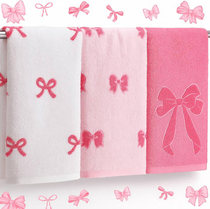 SmoothNovelty 3 Pcs Pink Bow Hand Towels Coquette Kitchen Towels 14 x 29 Inch 100% Cotton Absorbent Preppy Pink Bow Decor for Bathroom Soft Dish Cloth for Women Gifts