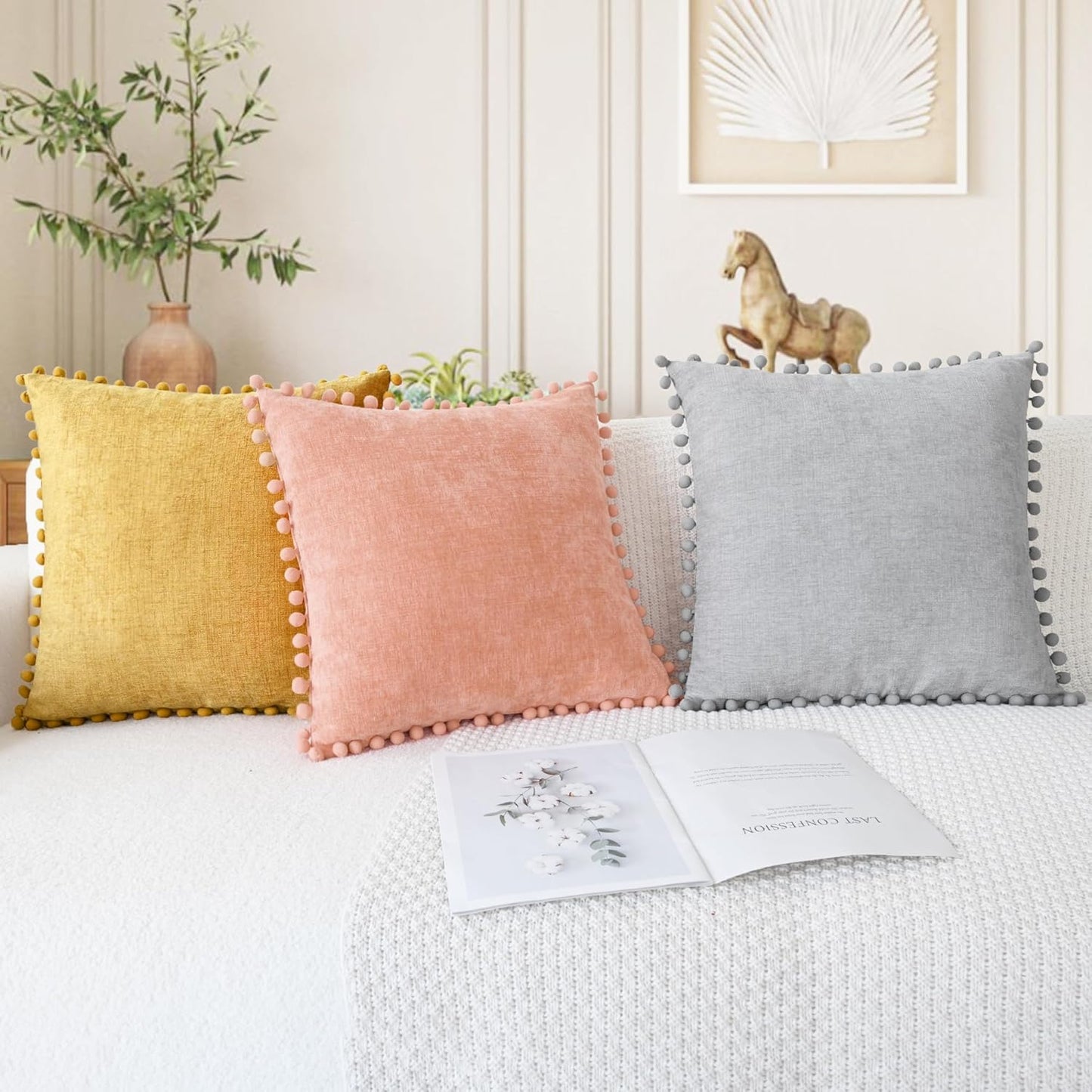 CaliTime Throw Pillow Covers Decorative 20 X 12 Inches Pack of 2 Cozy Solid Dyed Soft Chenille Cushion Cases with Pom Poms for Couch Sofa Bed Living Room Home Dusty Pink