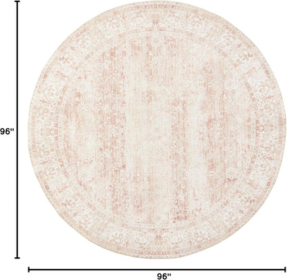 BILEEHOME Round Rug 8x8 Feet 8ft Washable Area Rug for Living Room Girl Bedroom,Boho Floral Print Blush Pink Circle Rugs 8' Round for Dining Room