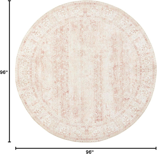 BILEEHOME Round Rug 8x8 Feet 8ft Washable Area Rug for Living Room Girl Bedroom,Boho Floral Print Blush Pink Circle Rugs 8' Round for Dining Room
