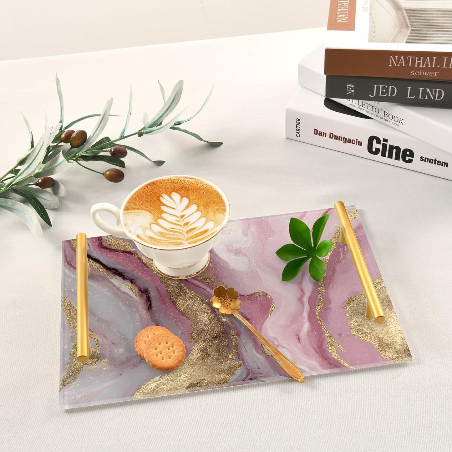 Gold Pink Marble Pattern Print Bathroom Perfume Vanity Tray Acrylic Serving Tray with Handles Decorative Party Platters for Coffee Tea Table Kitchen Countertop
