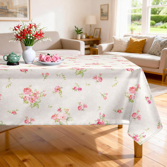 Pink Floral Tablecloth Waterproof, Beige Table Cloth Rectangle Stain Resistant, Washable Table Cover for Home Kitchen Dining Party Decoration (60×84 inch)