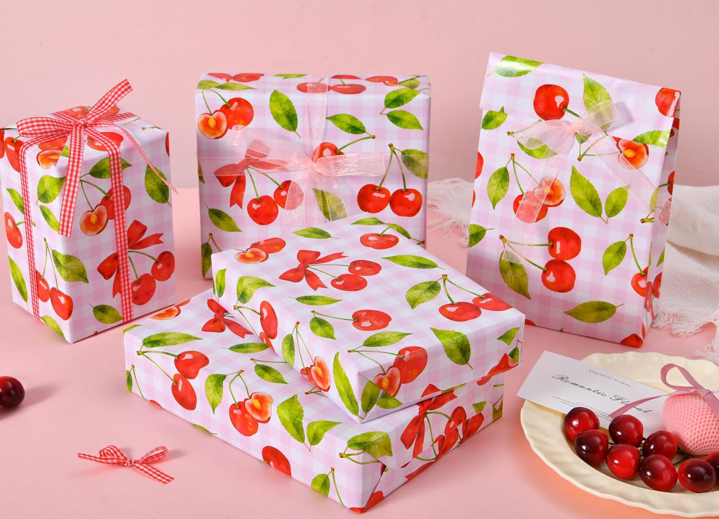 Sikiweiter Cherry Wrapping Paper Roll - 17" x 16.5 ft - Pink Gingham with Red Cherries and Bows - Gift Wrap for Birthday, Party, Baby Shower, Sweet Themes(Cherry)