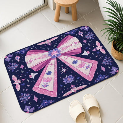 Bow Pattern Quick Dry Bath Mat, Elegant Peach Floral Non Slip Shower Mat, Seasonal Memory Foam Washable Bath Rugs for Bathroom Toilet Restroom Decorative 20x32 Inch