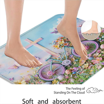 Floral Bike Quick Dry Bath Mat, Fanciful Peach Butterflies Absorbent Non Slip Shower Mat, Spring Decorative Washable Bath Rugs for Bathroom Toilet Restroom 20x32 Inch