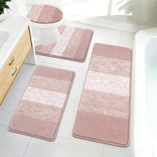 Bsmathom Bathroom Rug Set Bath Rugs Microfiber Non Slip Bathroom Set 4 Piece with Toilet Cover, Washable Absorbent Bath Mat, Pink
