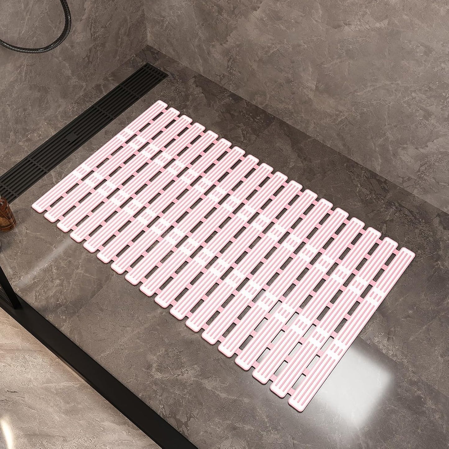 Non-Slip Shower Mat,Non-Slip Floor Mat with Suction Cups,Wall-Attachable for Storage and Customizable Size, Suitable for Bathrooms and Spa Environments(Pink,68x40cm/26.8x15.7in)