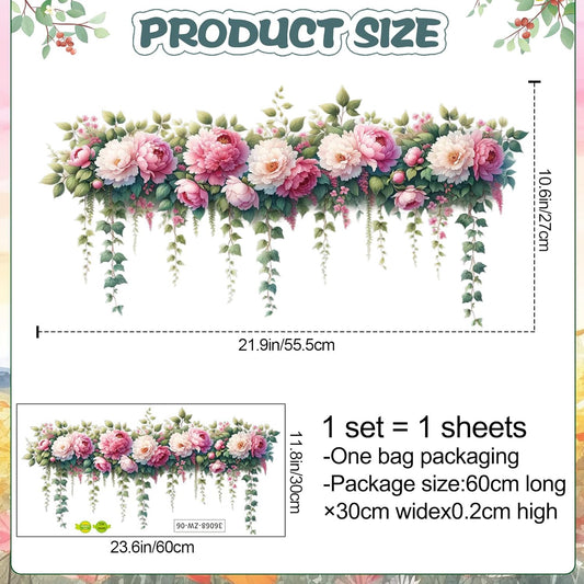 Removable DIY 3D Pink Peony Flower Wall Decals, Hanging Vine Vinyl Fresh Plant Green Leaves Art Decor for Girls Nursery Bedroom Living Room TV Background