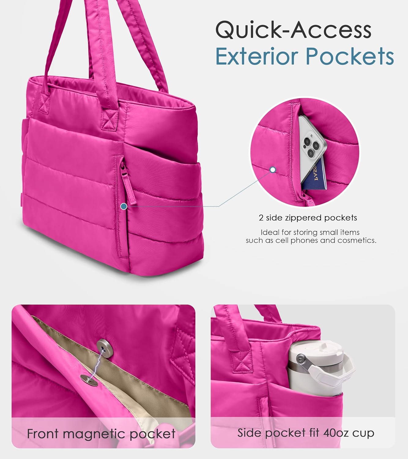 Uselike Tote Bag for Women with Zipper, Quilted Puffer Tote Bag with Compartments, Lightweight Puffy Work Bags for Women