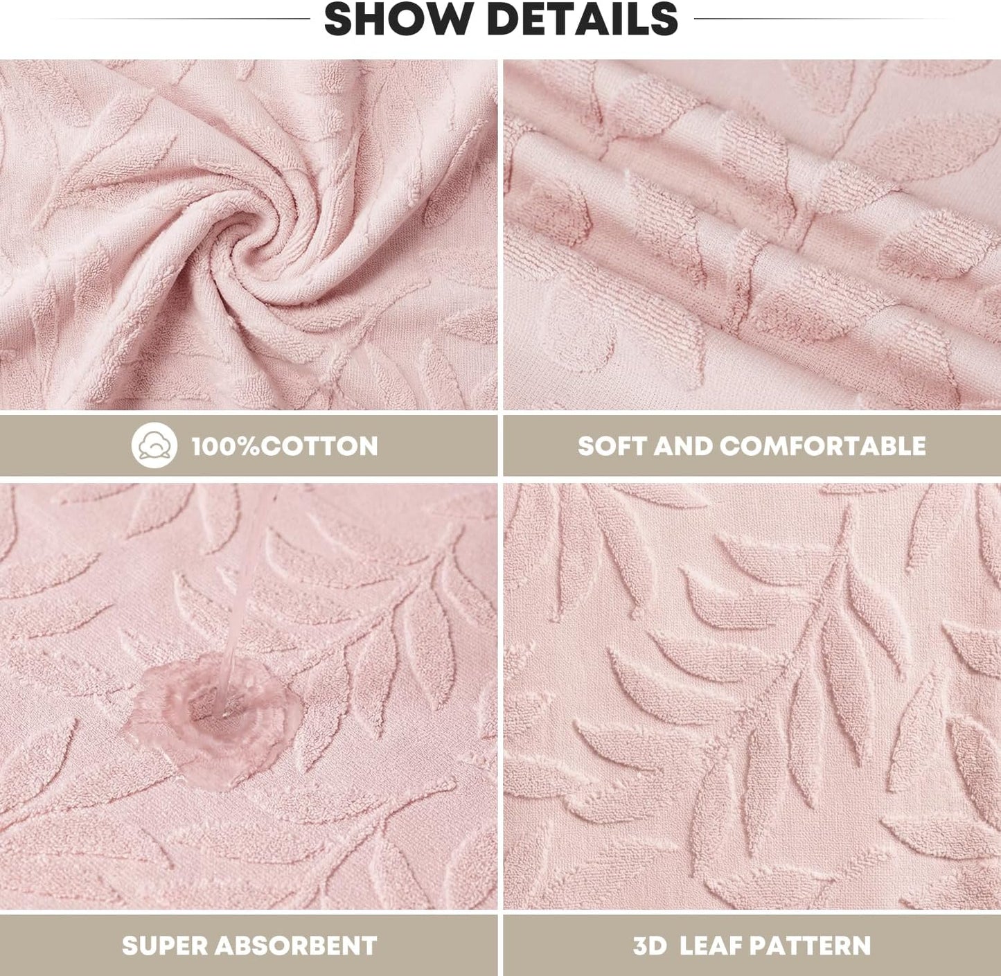 Artoid Mode 2 Pcs Pink 3D Leaves Jacquard Hand Towels for Bathroom, 100% Cotton Soft Absorbent Bathroom Decor Towels, 13.7 x 29.5 Inch