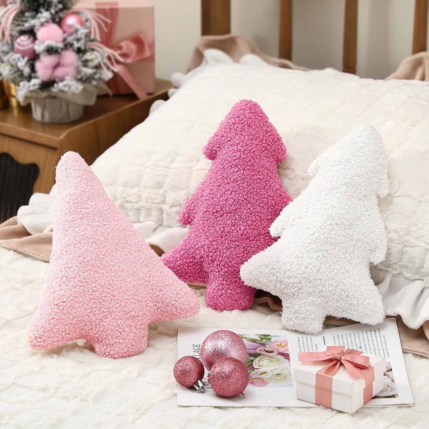 Shappy 3 Pcs Pink Christmas Tree Throw Pillows Cute Pink Decorative Pillows for Home Bedroom Couch Decorations Festive Gift
