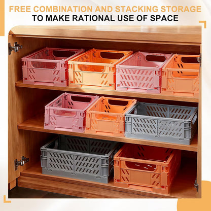 uxcell 2Pcs Small Plastic Storage Baskets, 6 x 3.9 x 2.4 Stackable Foldable Storage Bins with Handles Collapsible Crates for Home Office Shelves Closet Books Organizing, Pink