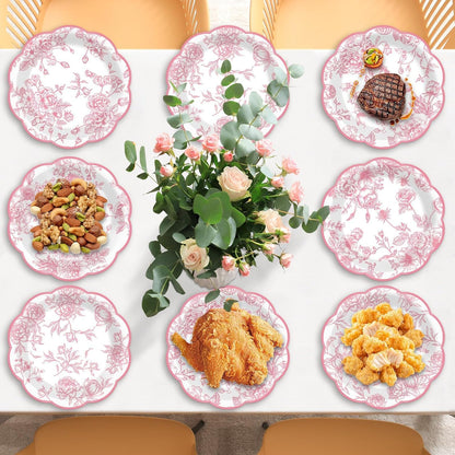 Wiooffen 80Pcs Pink Floral Paper Plates 7 Inches Floral Leaf Party Disposable Dessert Cake Plates Flower Tableware Decoration Supplies for Girl Tea Baby Shower Bridal Shower Garden Party Wedding