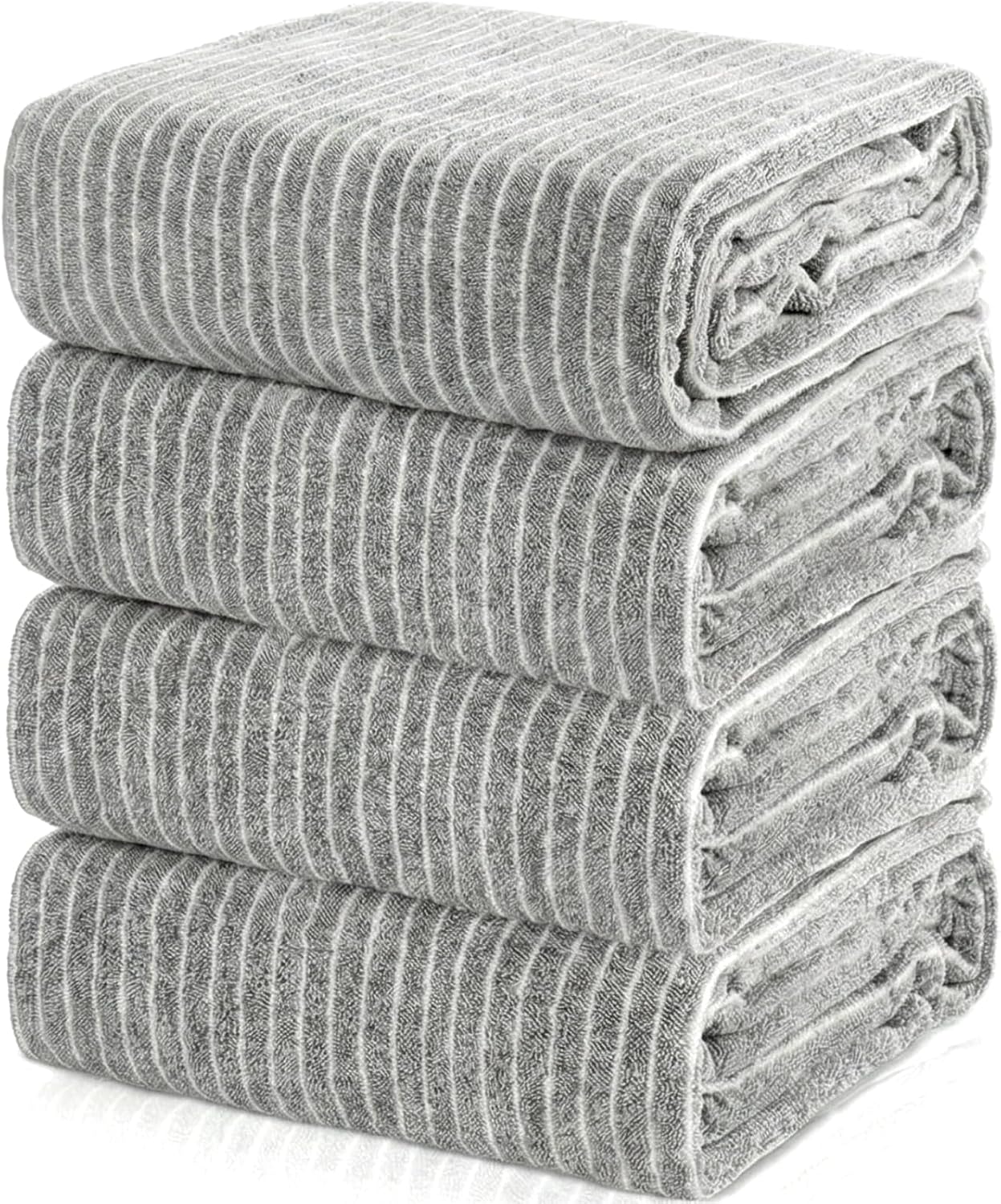 4 Pieces Extra Large Grey Striped Bath Towels Set 35 x 70 in Coral Fleece Oversized Beach Pool Bathroom Towel Highly Absorbent Soft Quick Dry Shower Bath Sheets for Hotel Spa