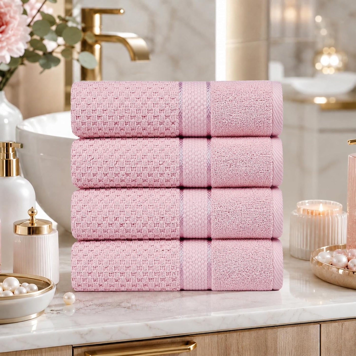 Ample Decor 100% Cotton Bath Towels 30x54 Inches, Popcorn Textured, Soft & Absorbent, Quick Dry, Oeko-Tex Certified, Machine Washable, Set of 4, Soft Pink