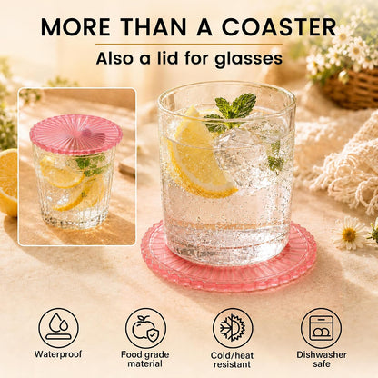 Silicone Coasters for Drinks[4 pcs,No Holder] Dual-Sided Light-Play Design, Non-Stick Cup Covers & Table Mats, Coffee Table Decor, Clear Pink