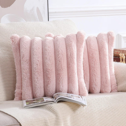 MADIZZ Plush Faux Wool Throw Pillow Covers 18x18 Inch Pink Set of 2 Fluffy Striped Soft Decorative Cushion Cover for Sofa Bedroom Pillow Shell