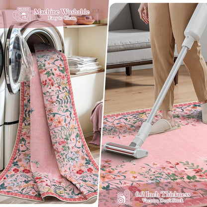 Wonnitar Washable 5ft Round Area Rug, Pink Floral Living Room Rugs for Bedroom Girls, Low Pile Soft Botanical Throw Carpet for Kids Nursery Room (Pink,5ft-Round)