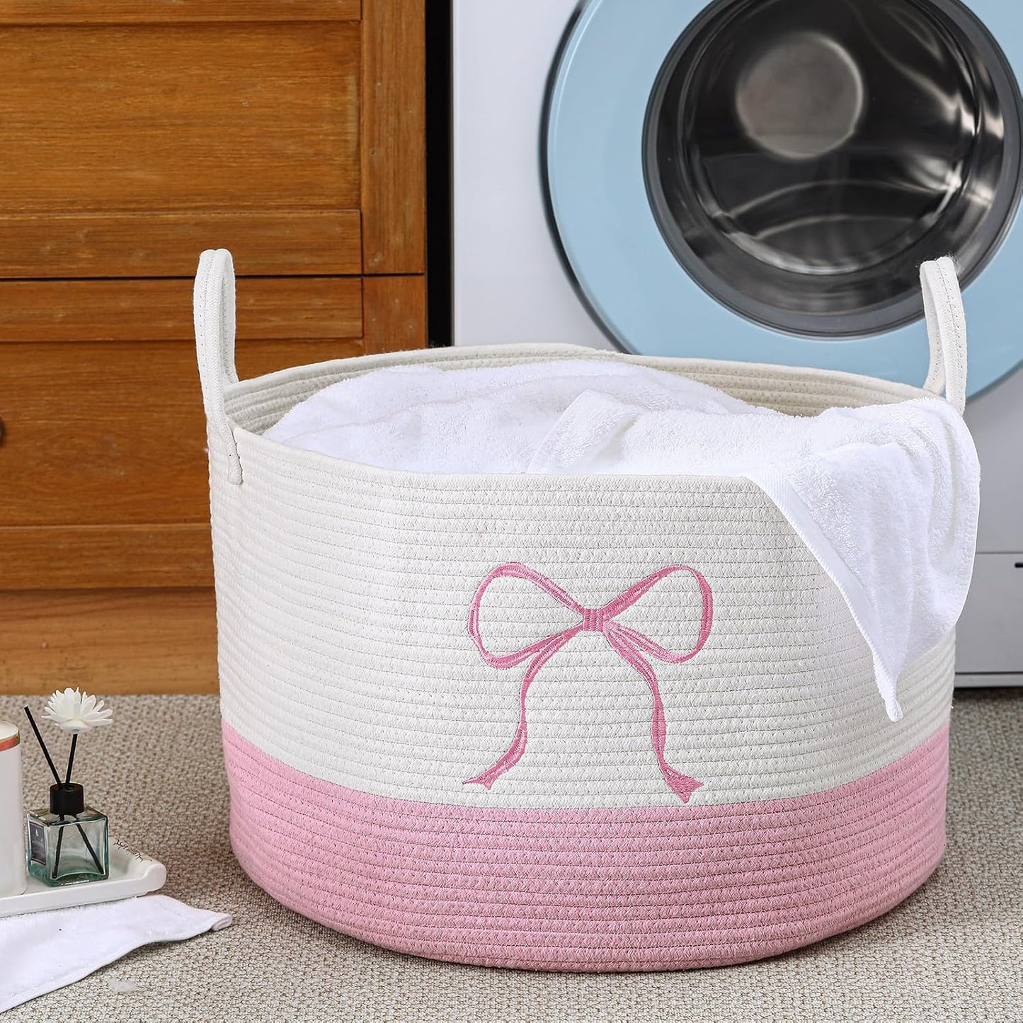 Honeydak Large Pink Laundry Basket Bow Hamper Cotton Rope Pink Laundry Hamper 13 x 20 Inch Toy Box Coquette Bow Girly Nursery Basket Storage for Bedroom Bathroom Blanket Clothes Organization