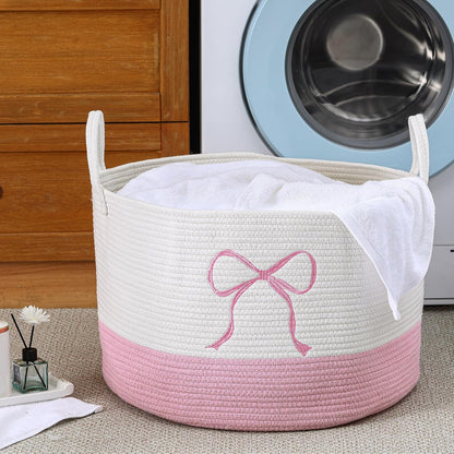 Honeydak Large Pink Laundry Basket Bow Hamper Cotton Rope Pink Laundry Hamper 13 x 20 Inch Toy Box Coquette Bow Girly Nursery Basket Storage for Bedroom Bathroom Blanket Clothes Organization