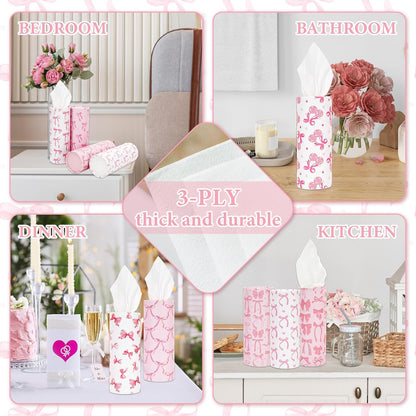 FYSUIMU 16Pcs Pink Bow Car Tissue Holder with Facial Tissue Pink White Bow Round Tissue Tubes for Travel Car Cup Holder Home