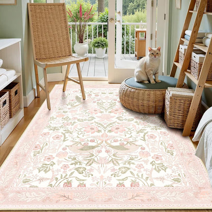 Pink Rug 3'x5',Washable Area Rugs for Bedroom Living Room Entryway Bedside,Botanical Small Boho Farmhouse Bohemian Distressed Oriental Non Slip Carpet,Blush Floral Bird