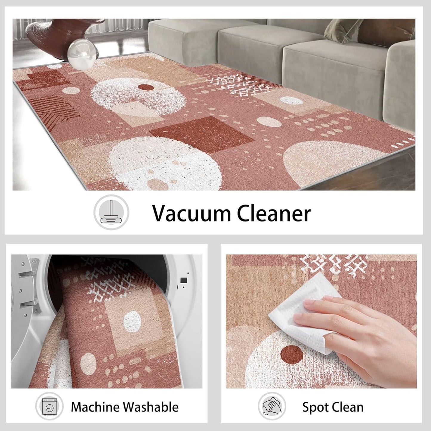 Boho Geometric 5x7 Area Rugs for Living Room, Washable Pink Abstract Geometry Large Rug, Modern Minimalism Pattern Carpet Soft Low Pile Non Slip for Bedroom Home Decor SBY360rs