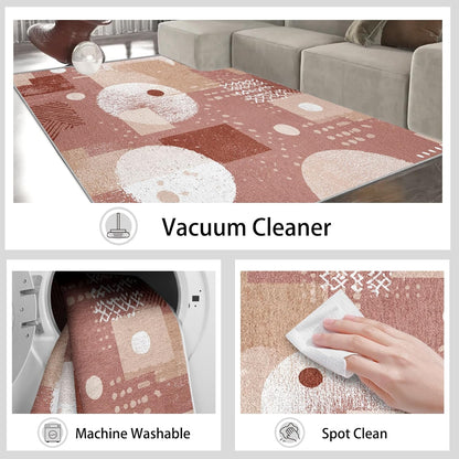 Boho Geometric 5x7 Area Rugs for Living Room, Washable Pink Abstract Geometry Large Rug, Modern Minimalism Pattern Carpet Soft Low Pile Non Slip for Bedroom Home Decor SBY360rs