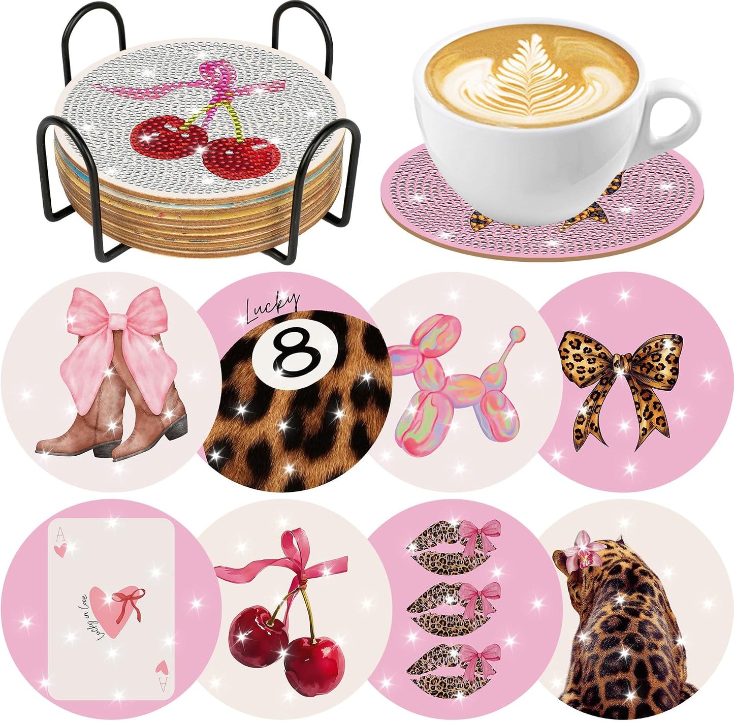 Coquette Diamond Art Coasters Kit, 8 Pcs Pink Bow Cherry Diamond Painting Coasters Beginner DIY Kit, Girly Aesthetic Diamond Art for Adults, 3.94 Inch Drink Coasters with Cork Backing Accessories