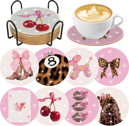 Coquette Diamond Art Coasters Kit, 8 Pcs Pink Bow Cherry Diamond Painting Coasters Beginner DIY Kit, Girly Aesthetic Diamond Art for Adults, 3.94 Inch Drink Coasters with Cork Backing Accessories