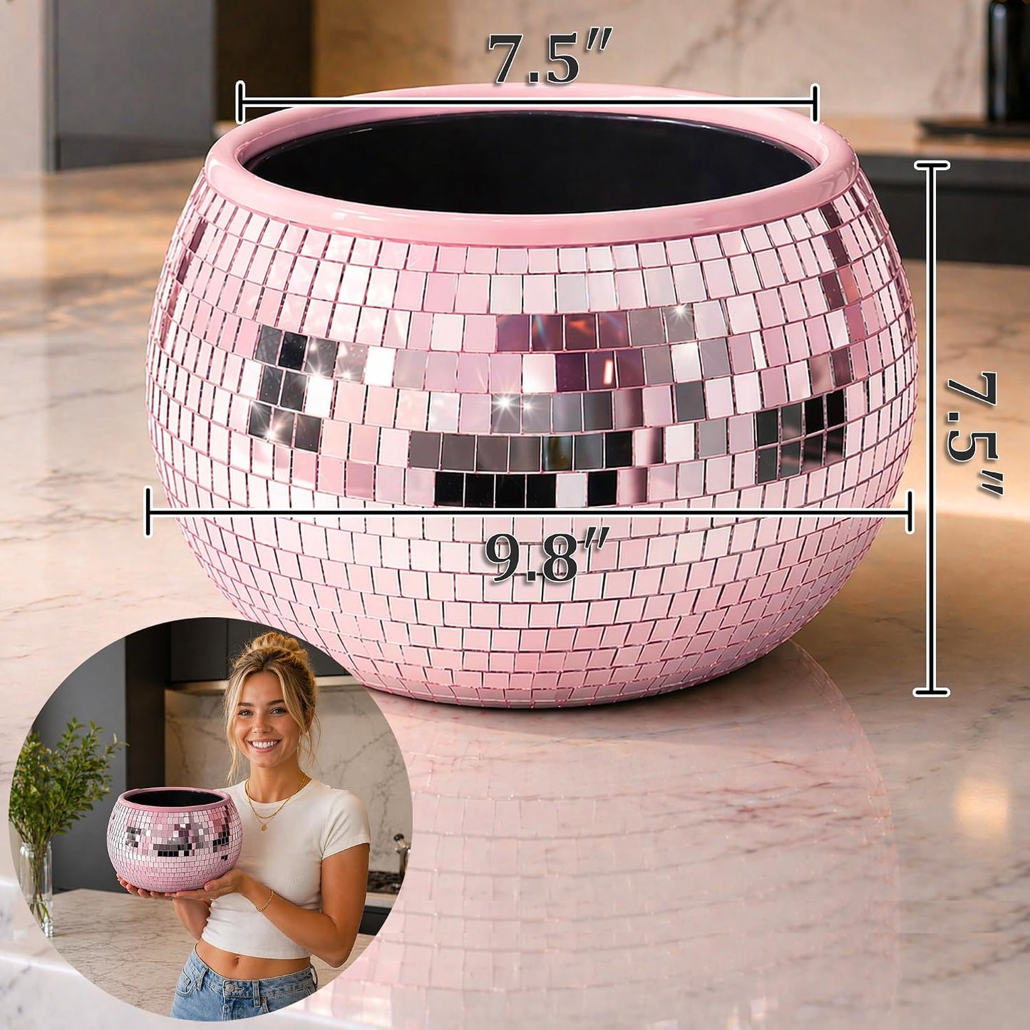 Pink Disco Ball Ice Bucket, Dual Layer Leakproof Mirrored Champagne Bucket Holds 3 Bottles with Ice, Real Glass Mosaic Party Decor for Bachelorette, Girls Night, Birthday, Centerpiece Indoor Outdoor