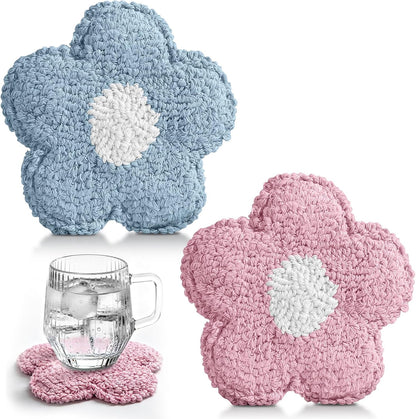 Flower Coasters Set of 2 - Tufted Absorbent Coasters for Drinks, Cute Flower Gift for Desk, Table, Office, Housewarming, Birthday, 2PC Decorative Cup Mats