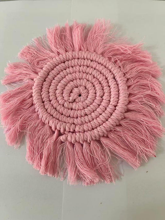Boho Coasters Set of 2 for Drinks Absorbent, Macrame Cotton Coasters for Wooden Table Round Drink Coaster Set with Tassels Housewarming Gift Bar Coffee Table Office Desk Decor (Soft Pink)