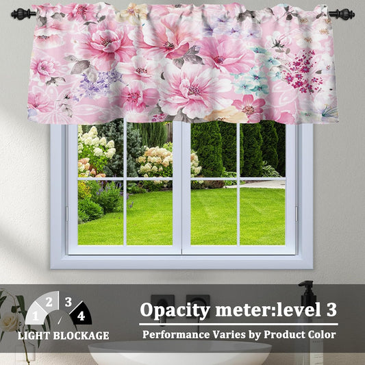 Renaiss 52x18 Inch Pink Floral Kitchen Valance Curtain Peony Elegant Flower Window Treatment Light Filtering Short Cafe Curtain for Bathroom Farmhous Rustic Home Decor Rod Pocket Linen Texture
