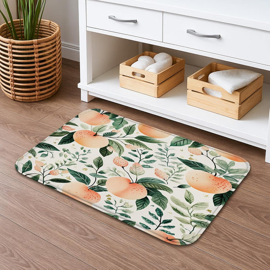 Peach Floral Quick Dry Bath Mat, Nature Inspired Leafy Design Absorbent Non Slip Shower Mat, Summer Memory Foam Washable Bath Rugs for Bathroom Toilet Restroom Decorative 20x32 Inch